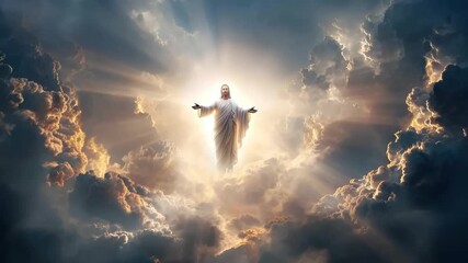 Resurrected Jesus Christ ascends to heaven through clouds in a radiant display of divine light and glory, symbolizing hope and salvation for humanity in a spiritual moment - Powered by Adobe