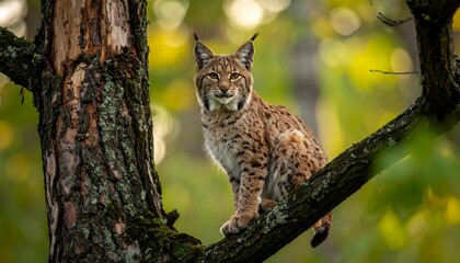 Fototapeta premium A wild cat with distinctive ear tufts perched high up on a tree branch, surrounded by green foliage