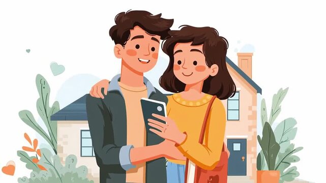 Happy young couple embrace and smile for selfie outside modern house, love and happiness in outdoor garden, digital mortgage process with devices