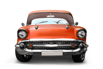 Orange colored classic muscle car on a transparent background