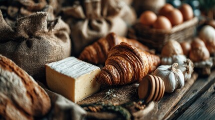 Artisanal delights rustic food composition featuring bread cheese and croissants