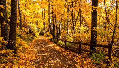 Obraz premium A winding path through a sunlit forest, bathed in the warm hues of autumn foliage, with a wooden fence