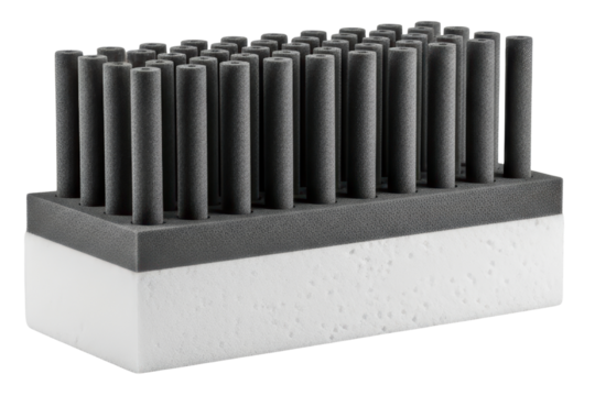 Foam block with gray cylinders for packaging or insulation on a transparent background