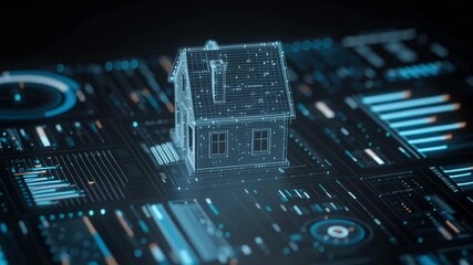 Digital mortgage process concept featuring futuristic house hologram, data interface, technology innovation, analytics, and virtual model - Powered by Adobe
