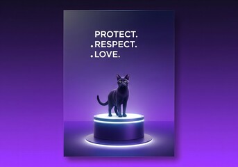 A black cat stands on a glowing pedestal with the powerful words "Protect, Respect, Love" highlighting the importance of animal welfare