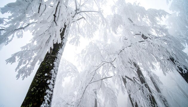 Winter Trees Covered in Snow Reaching Upward Through the Fog