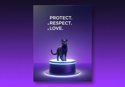 A black cat stands on a glowing pedestal with the powerful words "Protect, Respect, Love" highlighting the importance of animal welfare
