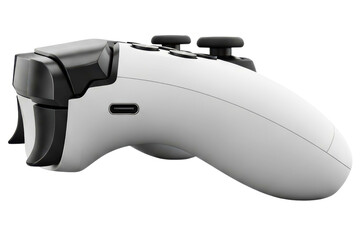 Side view of a modern white wireless video game controller on a transparent background