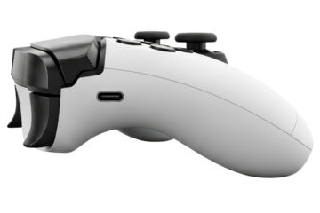 Side view of a modern white wireless video game controller on a transparent background