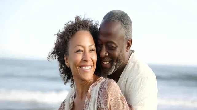 Senior African American couple embracing on the beach, smiling with joy, symbol of love, companionship, happiness and aging gracefully senior couple on beach, elderly love photo