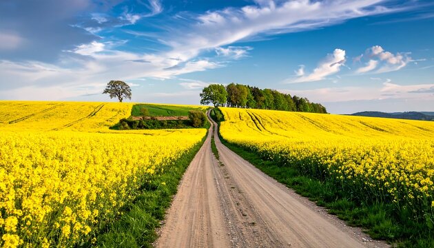 A winding dirt road through a vibrant yellow canola field under a bright blue, cloudy sky, trees dot the horizon