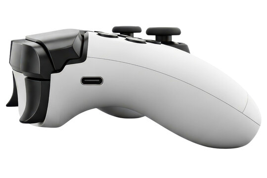 Side view of a modern white wireless video game controller on a transparent background
