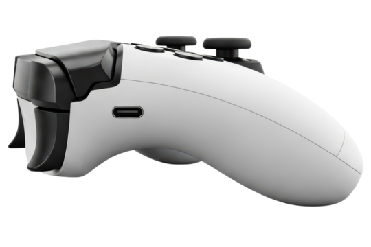 Side view of a modern white wireless video game controller on a transparent background