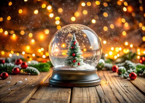 Magical christmas snow globe with a miniature tree inside, set against a bokeh background
