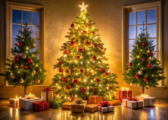 Festive christmas trees adorned with lights and ornaments, surrounded by gifts in a cozy room
