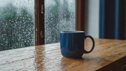 Blue coffee mug from rainy window, Cozy Morning Atmosphere.
