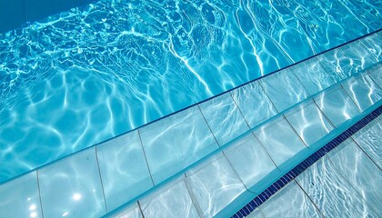 Close-up shows the edge of a swimming pool with clear, sparkling water. Tiled steps lead down, reflecting sunlight's play