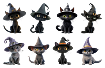 PNG Charming witchy cats illustration, element set on transparent background