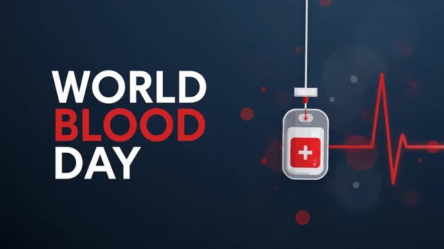 World Blood Day celebration featuring a blood bag, heartbeat line, and vibrant background colors