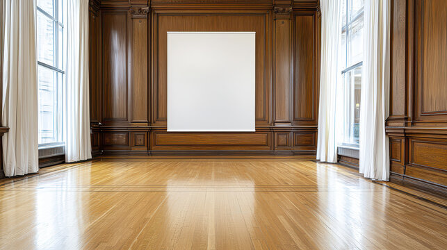 Spacious room with wooden walls and high ceiling features blank canvas on display, inviting creativity and inspiration