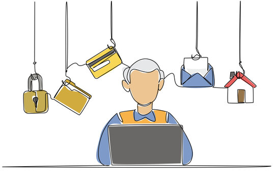 man using laptop, phishing concept, line art clip art preview