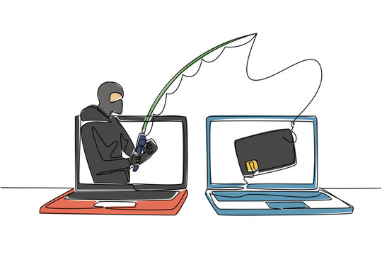Single continuous line drawing a masked thief fishing for credit cards on a laptop screen. Hackers commit crimes. Data theft. National Senior Fraud Awareness Day. One line design vector illustration