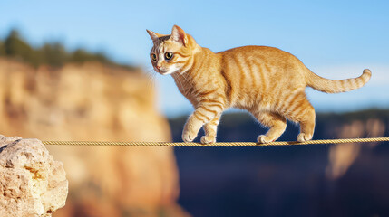 Cat walking on tightrope against scenic backdrop, showcasing balance and agility in stunning outdoor setting