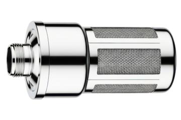 Chrome shower head water filter with a visible mesh screen on a transparent background
