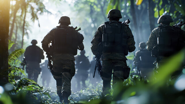 Cinematic shot of soldiers moving through dense jungle foliage, showcasing teamwork and determination serene yet tense