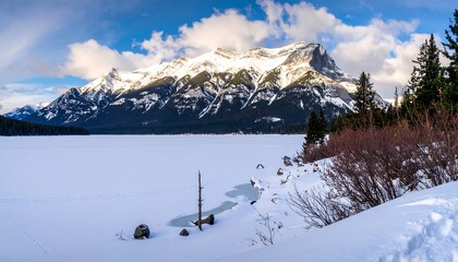 Panoramic view of a snow-covered lake with a majestic mountain range under a bright, partly cloudy sky. Trees frame the scenic winter vista