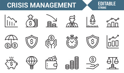 Vector line icon set of finance, planning, and protection concepts for business