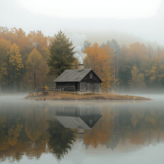 Obraz premium Cozy Cabin on Foggy Lake Island Surrounded by Autumn Trees