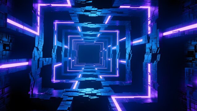 Ethereal blue and purple neon lights create an intense futuristic tunnel - Powered by Adobe