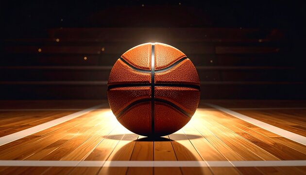 A basketball rests prominently on a polished wooden court, illuminated by a spotlight, with stadium seating subtly in the background - Powered by Adobe