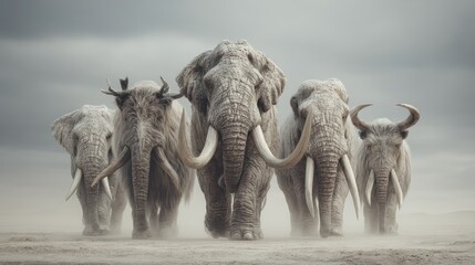 Fototapeta premium Spectacular gathering of woolly mammoths trekking in a dusty, expansive landscape