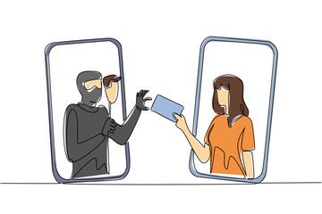 Single continuous line drawing woman is out of her smartphone handing her credit card to thief. Crime and fraud in cyberspace. National Senior Fraud Awareness Day. One line design vector illustration