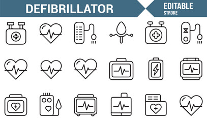 Defibrillator and medical technology icons pack for health and rescue design