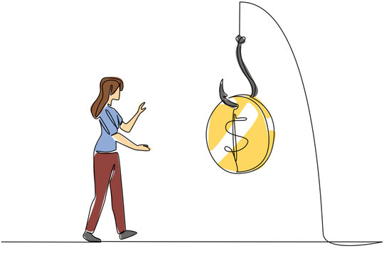 Continuous one line drawing a woman chasing a hook with a dollar coin attached to it. Stuck in a trap. Fake investment. National Senior Fraud Awareness Day. Single line draw design vector illustration - Powered by Adobe