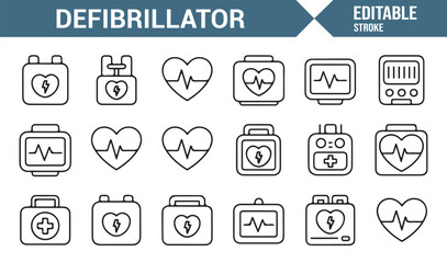 Editable stroke defibrillator symbols set for doctor, hospital, and nurse use
