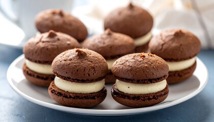 Close-up image showcases chocolate sandwich cookies, cream filling, arranged on a white plate, suggesting bakery freshness. Focus is on dessert