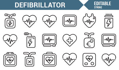 Linear vector icons of medical devices, defibrillators, and heart care equipment