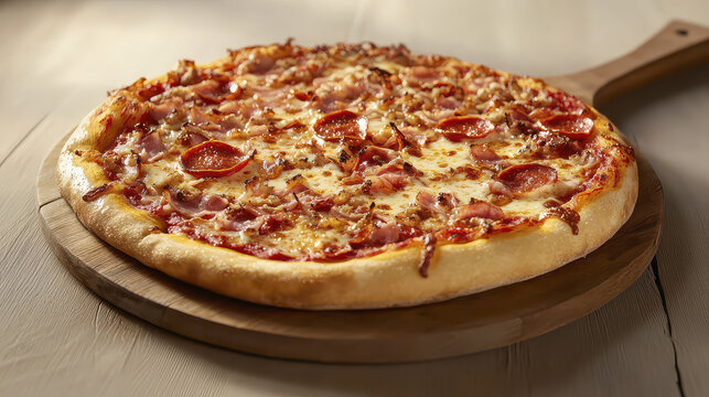 Freshly baked pizza with cheese, pepperoni, and toppings on wooden board, inviting and delicious