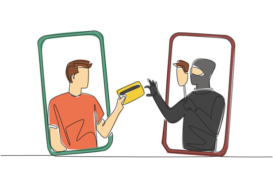Continuous one line drawing a man is out of his smartphone handing his credit card to a thief. Manipulation for profit. National Senior Fraud Awareness Day. Single line draw design vector illustration - Powered by Adobe