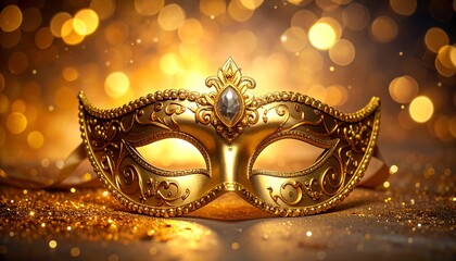 Close-up of a beautifully detailed, golden carnival mask resting on a shimmering surface, with an out-of-focus bokeh background