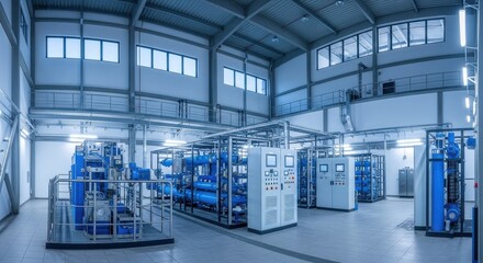 modern water treatment facility interior with advanced filtration systems and control panels. national water quality month. industrial infrastructure. environmental technology, sustainability