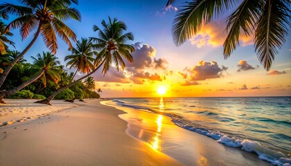 Fototapeta premium A beautiful beach scene at sunset, with palm trees framing the water. Soft sand and gentle waves under a colorful sky