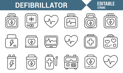 Medical defibrillator device outline icons for hospital and cardiology design