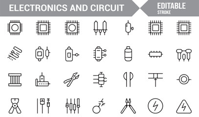 Simple vector line art icons of electronics, wiring, and circuit board components