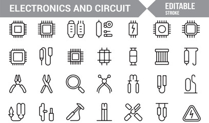 Minimal line icon set of electronic parts, chips, and power symbols for tech use