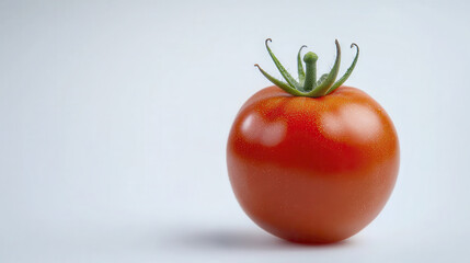 Vibrant red tomato with smooth surface and green stem stands out against light background, showcasing its freshness and appeal